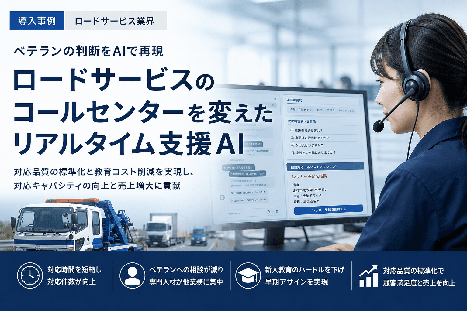 ベテランの判断をAIで再現。ロードサービスのコールセンターにおける対応品質の標準化と教育コスト削減を実現