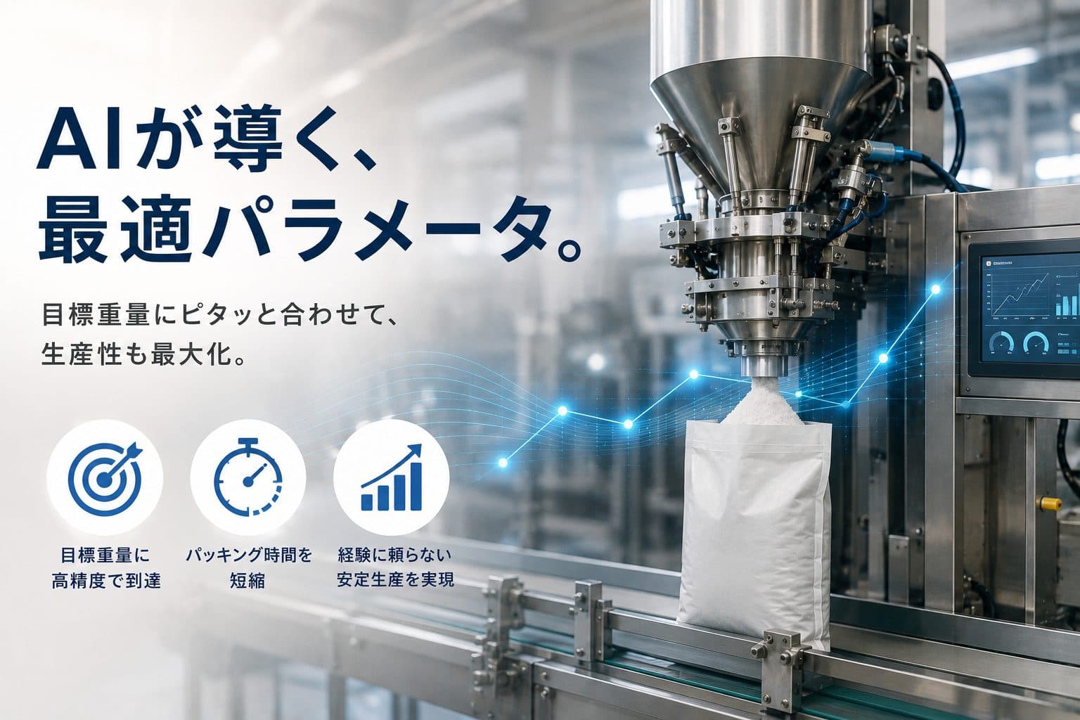 日々変わる条件に合わせて粉体パッカーの設定値を最適化し、充填精度と生産効率を両立